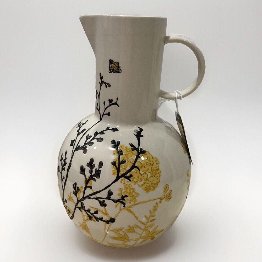 NEW Tag Brand Let It Bee Jug Pitcher Flowers Textured Yellow Long Neck